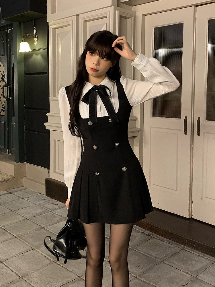 Autumn Fake Two Dress Women Slim Chic Long Sleeve Bow Casual Y2k Mini Dress Female Korean Fashion Elegant Short Party Dress