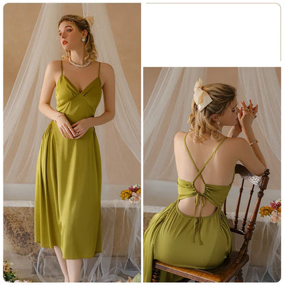 YESMYTOOL  -  French Sexy Backless Temptation Pajamas With Chest Pad Suspender Nightdress Nightgown Slip Night Wears Homewear Bride Maid Dress