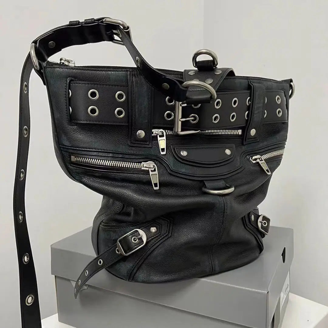 High Street Vintage Handbag Women New Rivet Large Capacity Casual Crossbody Bags Ladies Moto Biker Black Messenger Bag