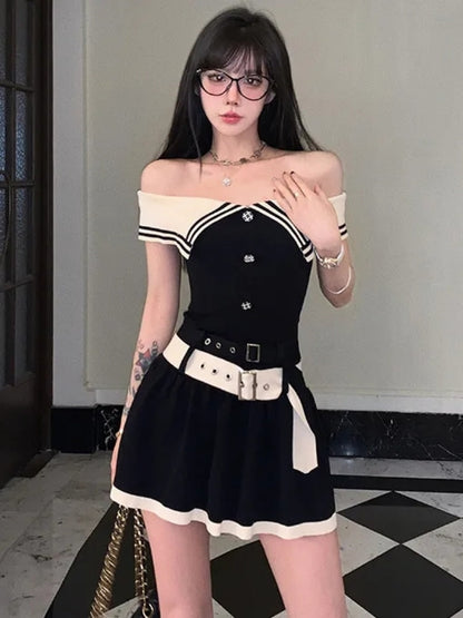 Y2k Aesthetic Goth One Piece Mini Dress Women Korean Style Vintage Black Dresses Cute Slash Neck Tunic Pleated Vestidos