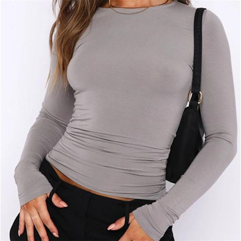 Women Casual Long Sleeve T-Shirts Spring Autumn Solid Slim Fit Pullovers Tees Shirts Female Streetwear Base Tees Tops