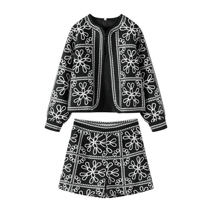 dingdamall  -  Casual Printed Jacket Shorts Set Women O-neck Long Sleeve Cardigan High Waist Shorts Suit Female Autumn Lady High Street Outfit