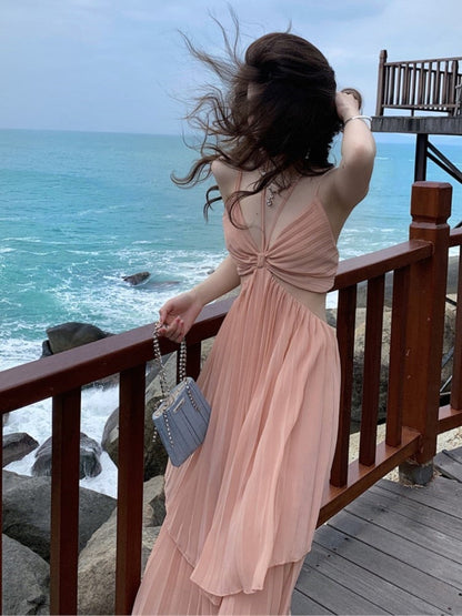 Summer New Fashion Women Sexy Pleated  Boho Long Dress Vacation Beach Strap A line Ladies Robe Sundress