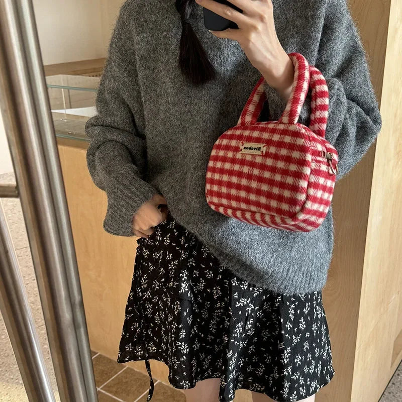 Vintage Cute Handbag for Women Red Plaid Letter Soft Kawaii Crossbody Bag Autumn Winter New Luxury Designers Shoulder Bag