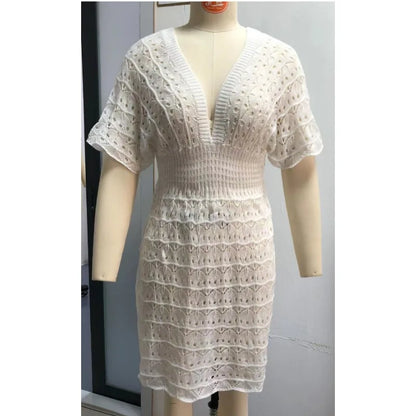 YESMYTOOL  -  Knitted Deep V-neck Beach Dress 2024 Summer New Ripple Hollow Short Sleeve Elastic Waist Bikini Cover Up Vacation Holiday Robe