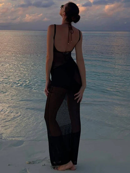 Sexy Backless Beach Dress Women Mesh Splice See Through Knitted Long Dresses Hot Girls Party Slim Elegant Cover-up Dress