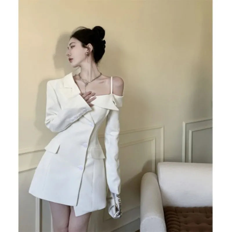 Chic Korean Fashion Dress Women Elegant Temperament Off Shoulder Dresses Spring 2023 Irregular Slim Button Up Blazer Dress