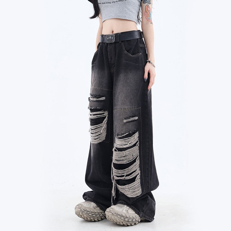 Y2K Vintage Black Hole Women Jeans Bf Summer Blue High Waist Hip Hop Loose Wide Leg Pants Korean Solid Straight Denim Pants New