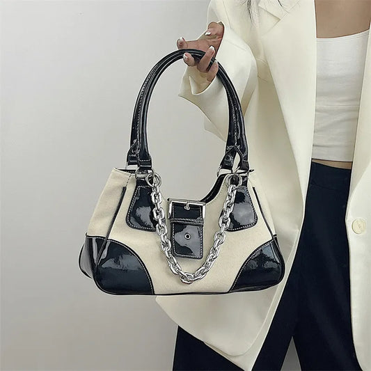 Vintage Sweet Cool Girls Canvas Underarm Bag Patent Leather Women's Metal Chain Shoulder Crossbody Bags Y2k Tote Purse Handbags