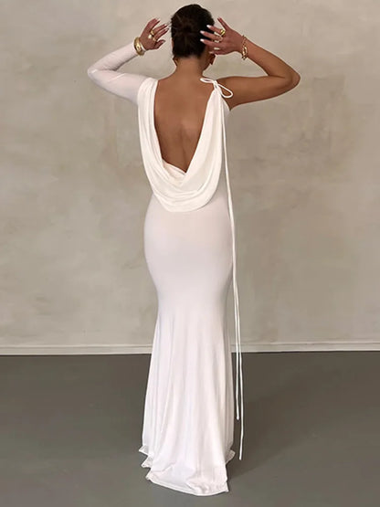 Elegant Backless Sexy Maxi Dress For Women Robe Spring New V Neck One Sleeve Lace-up Party Long Dress Vestido