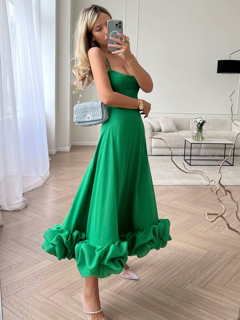 Women Spaghetti Strap A-line Ruffles Pink Evening Dresses Elegant Sweet Sleeveless Backless Zip-up Green Party Prom Dress