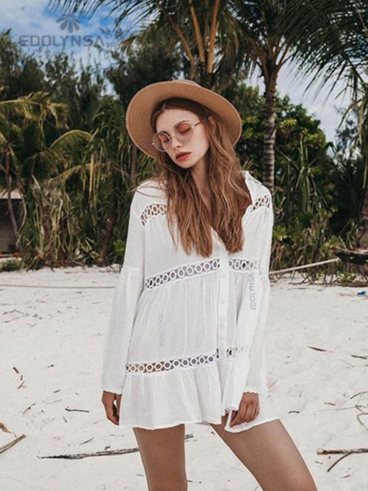 Women Swimsuit Cover Ups Mandarin Sleeve Kaftan Beach Tunic Dress Robe De Plage Solid White Pareo Beach Cover-ups dingdamall mid size graduation outfit romantic style teen swag clean girl ideas 90s latina aesthetic