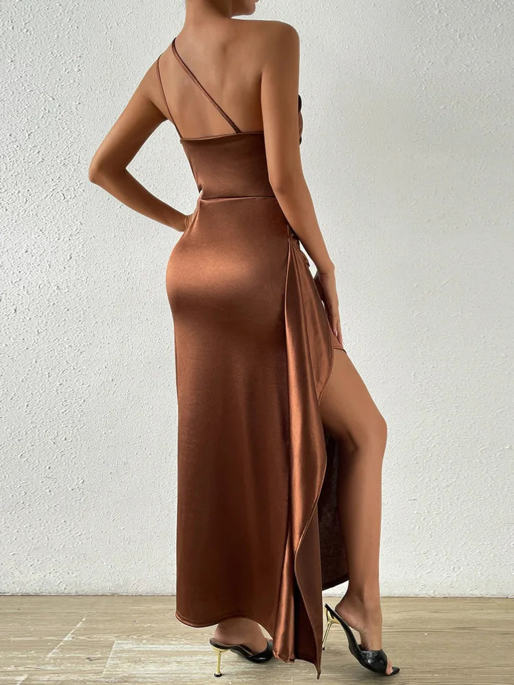 Satin Oblique Shoulder Thigh High Split Maxi Dress Women New Sleeveless Backless Bodycon Sexy Long Dress Elegant