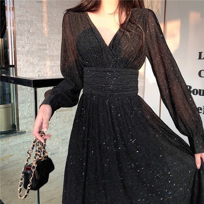 Vintage Sexy Maxi Dresses for Women Party Sequin Midi Dress Female Casual Chiffon Slim Korean Woman Dress Elegant Autumn