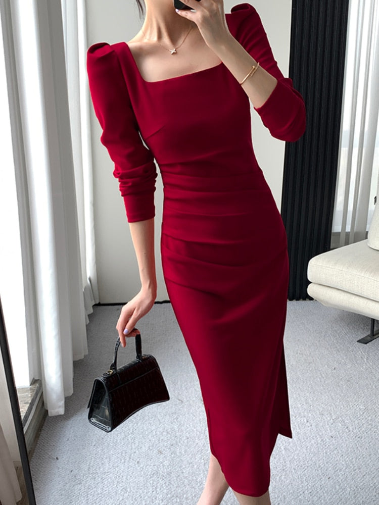 Square Collar Solid Wedding Maxi Dresses for Women Office Lady Bodycon Midi Dress Elegant Korea Fashion Clothes Autumn Robe