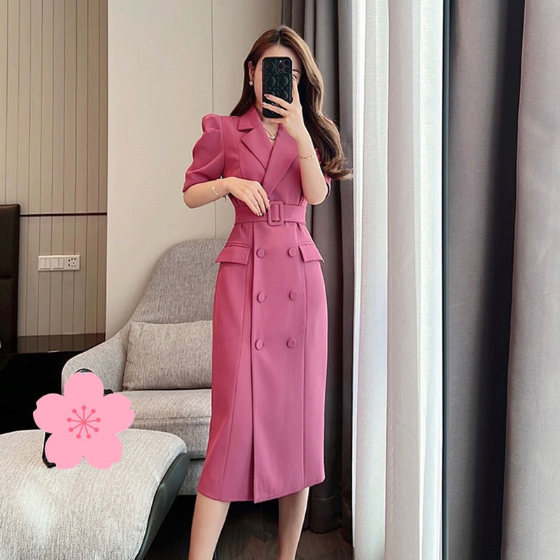 Work Style Ol Temperament Solid Dress Women Turn Down Collar Short Sleeve Summer  Dress