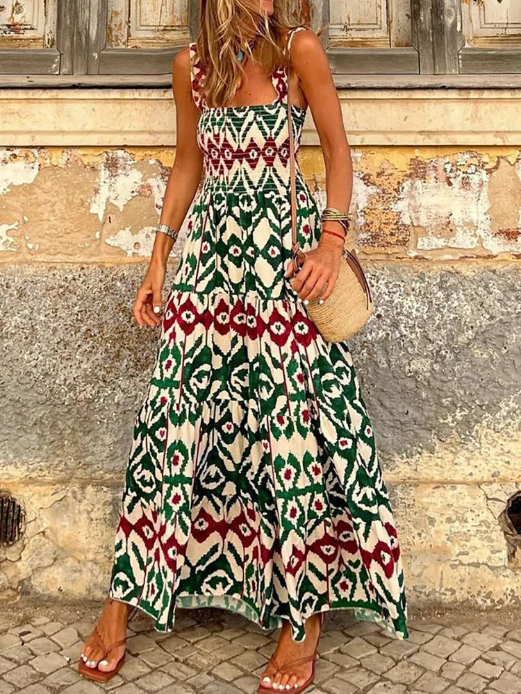 YESMYTOOL  -  Retro Print Boho Sundress Women Summer Beach Maxi Long Dress Sexy Lady Sleeveless Backless Evening Party Dress Vestido De Mujer