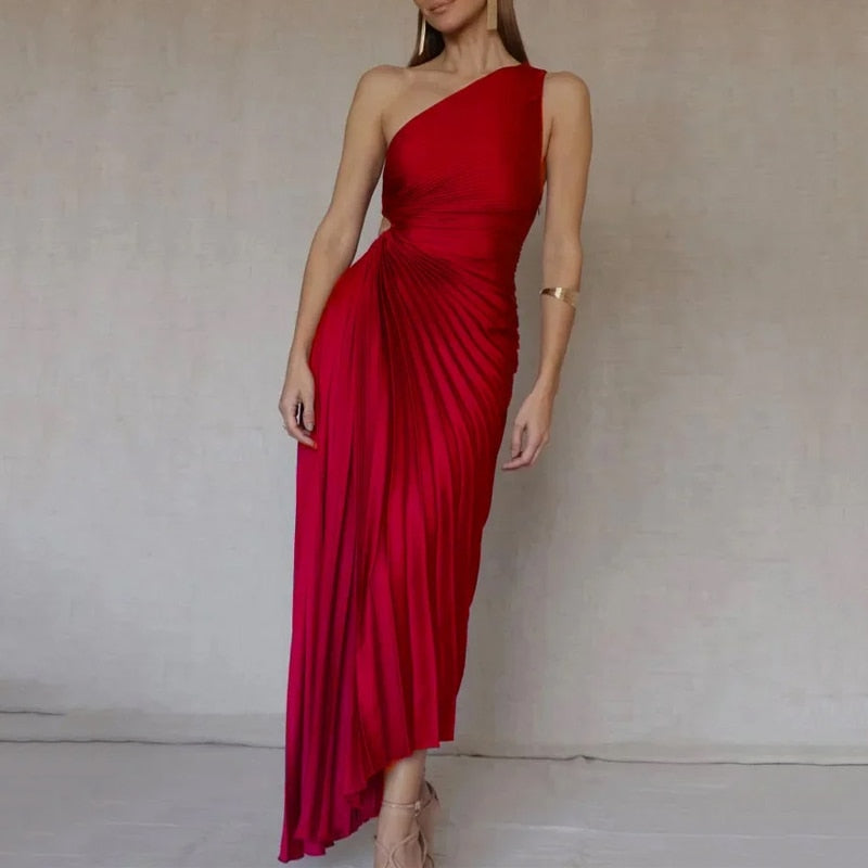 Women Maxi Dress Fashion One Shoulder Solid Cutout Nipped Waist Slim Pleated Sleeveless Irregular Evening Party Dresses