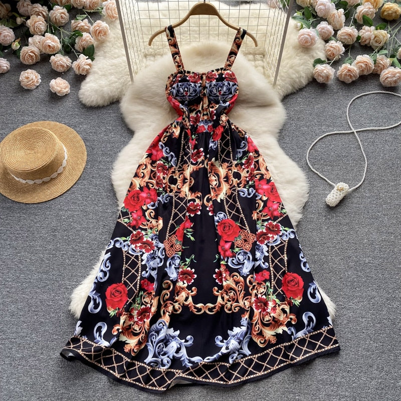 Summer Dress Women Runway Rose Flower Bohemian Spaghetti Strap Floral Print Backless Vacation Party Maxi Dresses