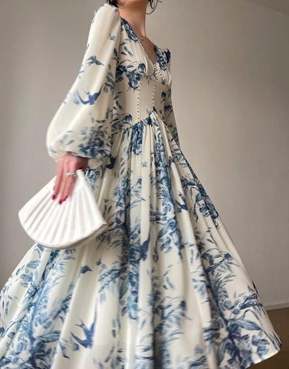 Summer Women New French Vintage Floral Print Party Midi Dresses Elegant V-Neck Lantern Sleeve Prom Clothes Vestidos  Robe