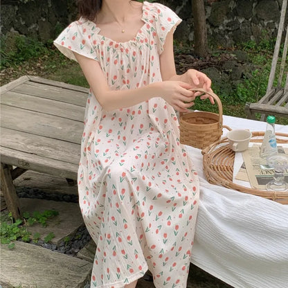 YESMYTOOL  -  Causal Pure Cotton Maxi Dress With Bra Pad Puff Sleeve Flora Print Loose Vestidos Women Chic Summer Holiday Sundress Robe Girls