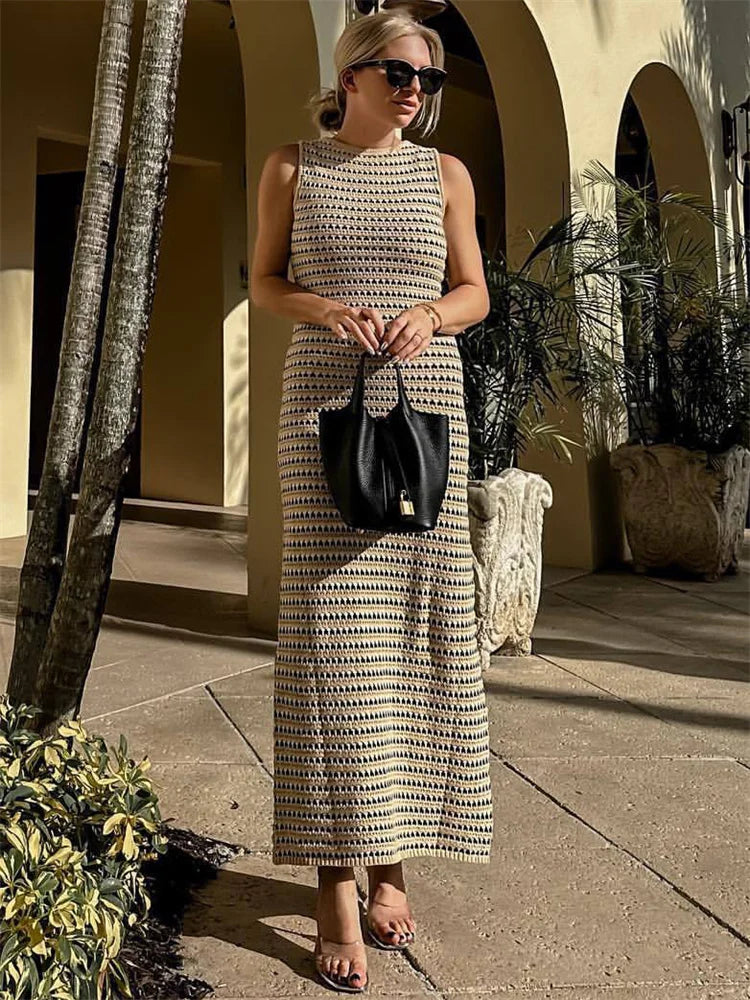 Striped See-Through Long Dress Female Elegant Sleeveless High Waist Patchwork Fashion Beach Dress Knit Maxi Dress Summer