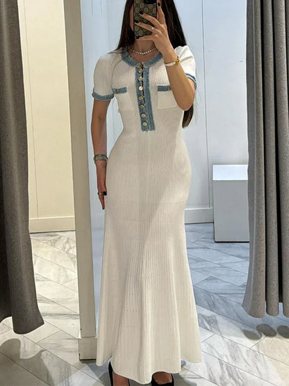 YESMYTOOL  -  Elegant Contrasting Women Knit Maxi Dress Chic O-neck Short Sleeve Metal Buttons Bodycon Dresses 2024 Office Lady Commuting Robe