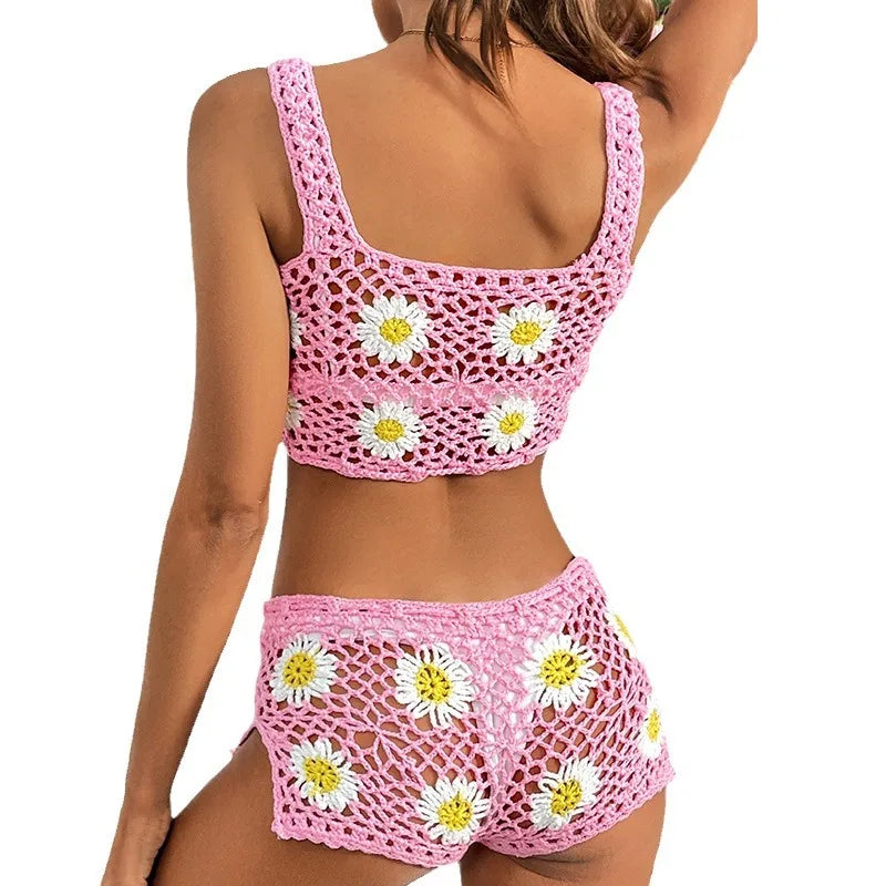 dingdamall  - 2024 New bikini set Woven Daisy swimsuit halter top Shorts set hand-crocheted knitwear