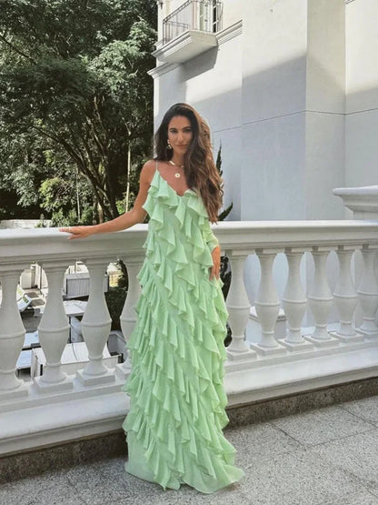 YESMYTOOL  -  Fashion Green Women Sling Maxi Dress Elegant V-neck Sleeveless Slim Dresses 2024 Summer Female Chic Beach Vacation Robes