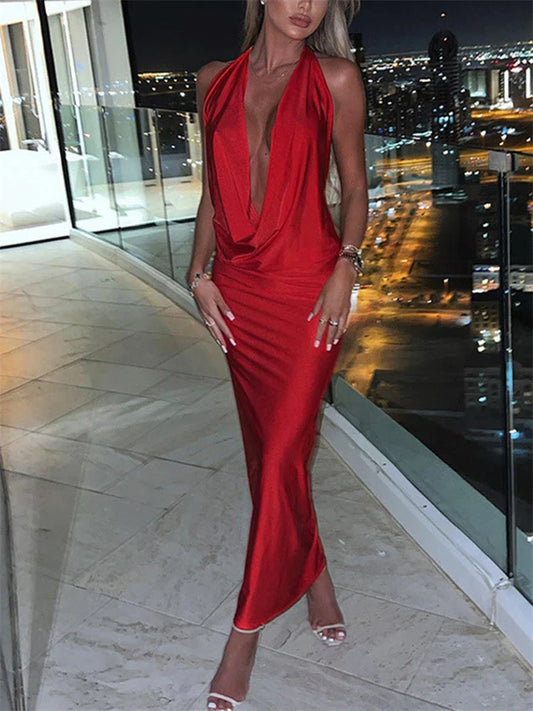 V-Neck Satin Slim Vestidos For Women Red Halter Backless Sexy Evening Party Clubwear Dresses Ladies Bodycon Maxi Dress