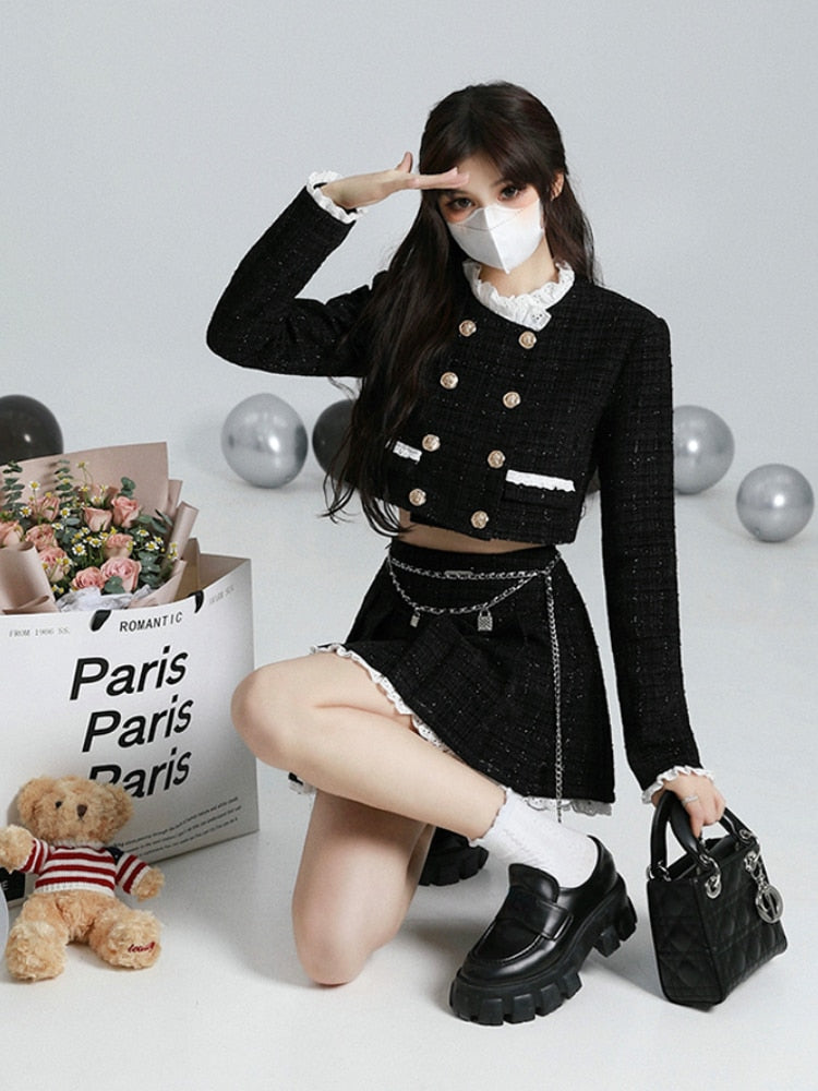 Autumn Elegant Two Piece Skirt Set Women Button Pleated Y2K Mini Skirt Suit Female Casual Korean Fashion Designer Skirt Set