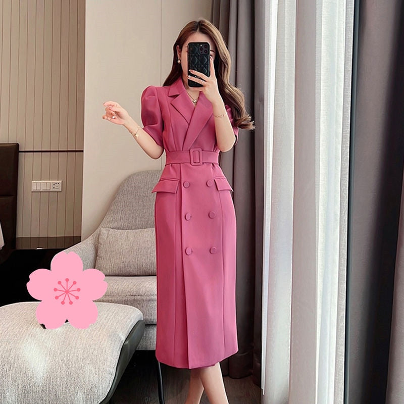 Work Style Ol Temperament Solid Dress Women Turn Down Collar Short Sleeve Summer  Dress