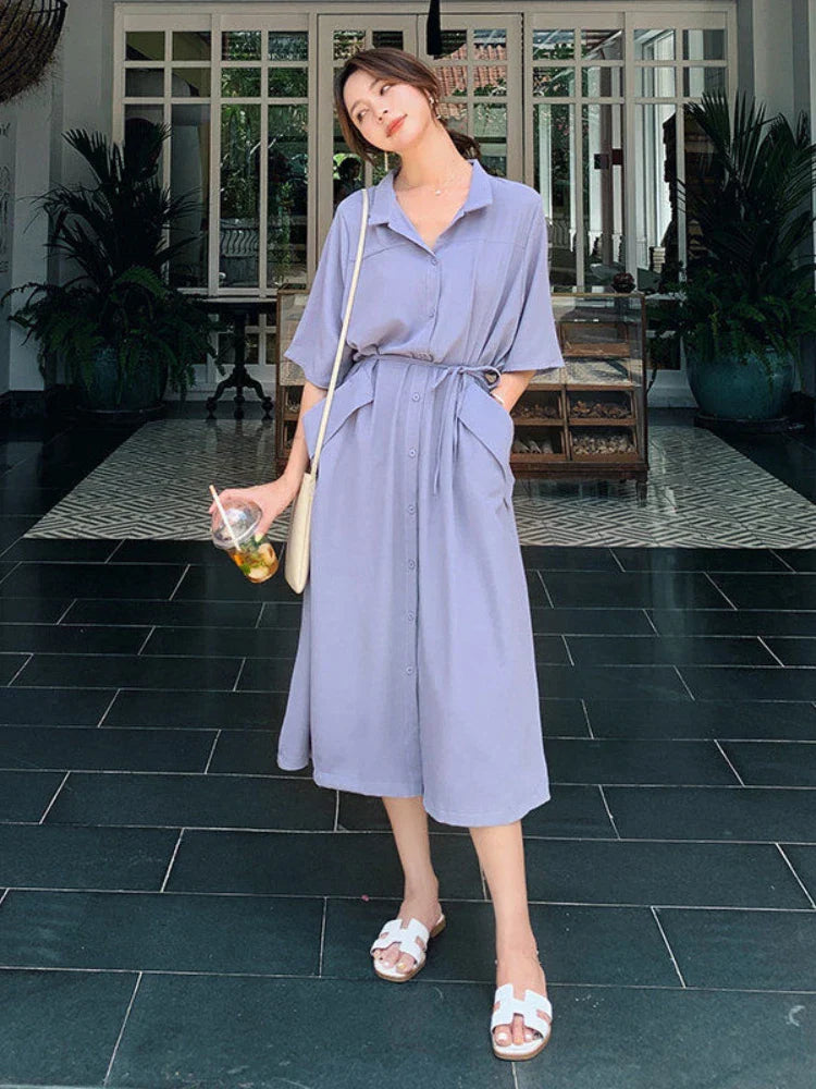 YESMYTOOL  -  Elegant Vintage Long Dress Women Summer Loose Casual Shirt Dresses Office Lady Solid High Street Korean Fashion Robe