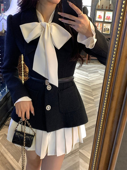 Winter Elegant Two Piece Set Women Korean Fashion Bow Sweet Party Dress Set Female Long Sleeve France Chic Mini Dress Suit