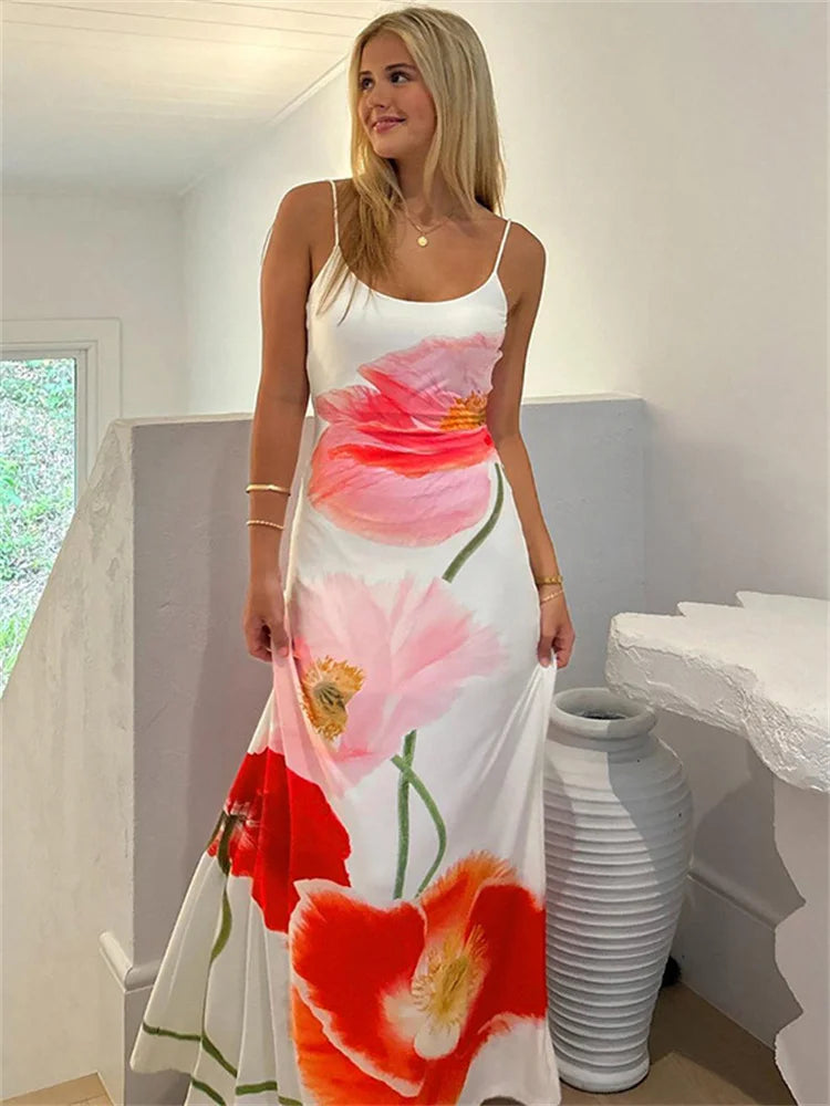 Summer Printed Halter Dresses For Women Fashion Beach Holiday Spaghetti Backless Maxi Dress Female Elegant Party Dress New