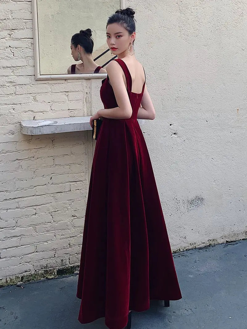 YESAMYTOOL  -  Burgundy Velvet Evening Dress Elegant Spaghetti Strap Ruched Engagement Gown Sexy Backless Zip Simple Ankle-Length Party Vesidos