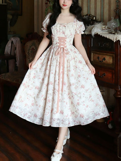 Summer Lace Korean Fairy Dress Women Square Collar Princess Kawaii Floral Midi Dress Female Bandage Sweet Dresses Fashion