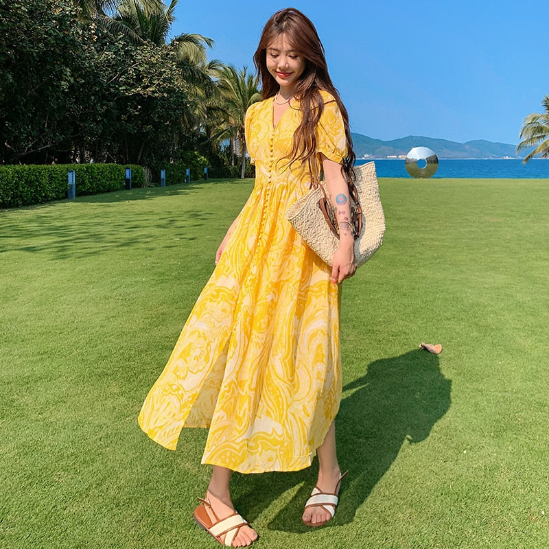 Summer Bohemian Yellow Women's Senior Sense Chiffon V-neck High Waist Thin Temperament Elegant Fashion Seaside Resort Long Dress