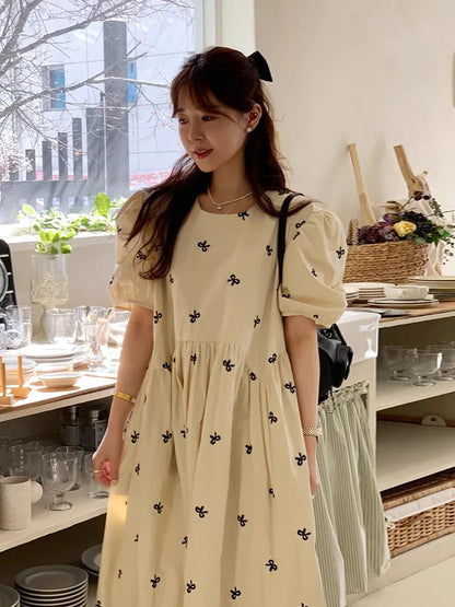 YESMYTOOL  -  Korean Chic Round Neck Loose Casual Embroidered Bow Print Bubble Sleeve Long Dress For Women 2024 Spring Summer 16U9283