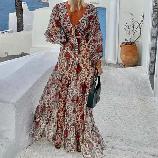 YESMYTOOL  -  Fashion Pattern Print Vacation Beach Dress Women Spring V Neck Long Sleeve Boho Maxi Dress Summer Lace-up Backless Long Dresses