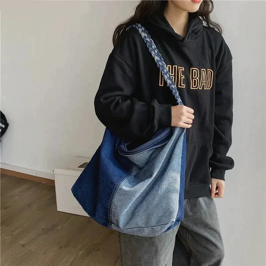 Oversized Patchwork Tote Bags For Women Latest Trend Shoulder Crossbody Bag Braided Strap Denim Fabric Big Capacity Shopper