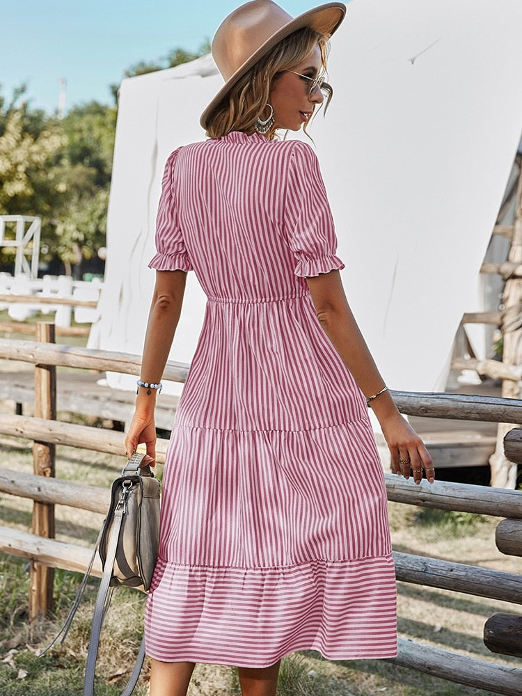 Spring Women's  Striped Dress Causal Short Sleeve Tassel Medium Long Summer V Neck Button Dresses For Female