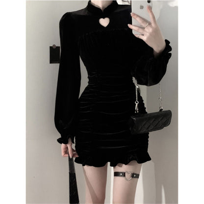 Velvet Black Bodyocn Sexy Dress Autumn Vintage Holoow Out Wrap Slim Party Evening Short Dresses for Women Robe Female