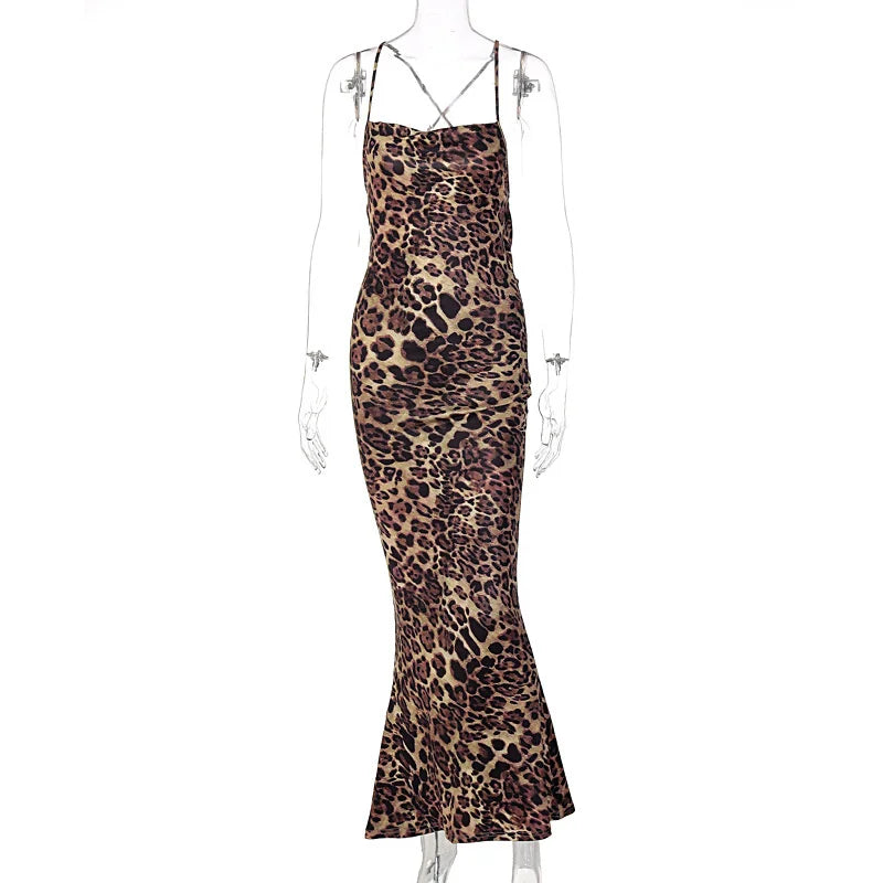 Elegant Leopard Print Maxi Dress For Women Summer Sexy Club Party Dresses Female Spaghetti Strap Sleeveless Long Dress