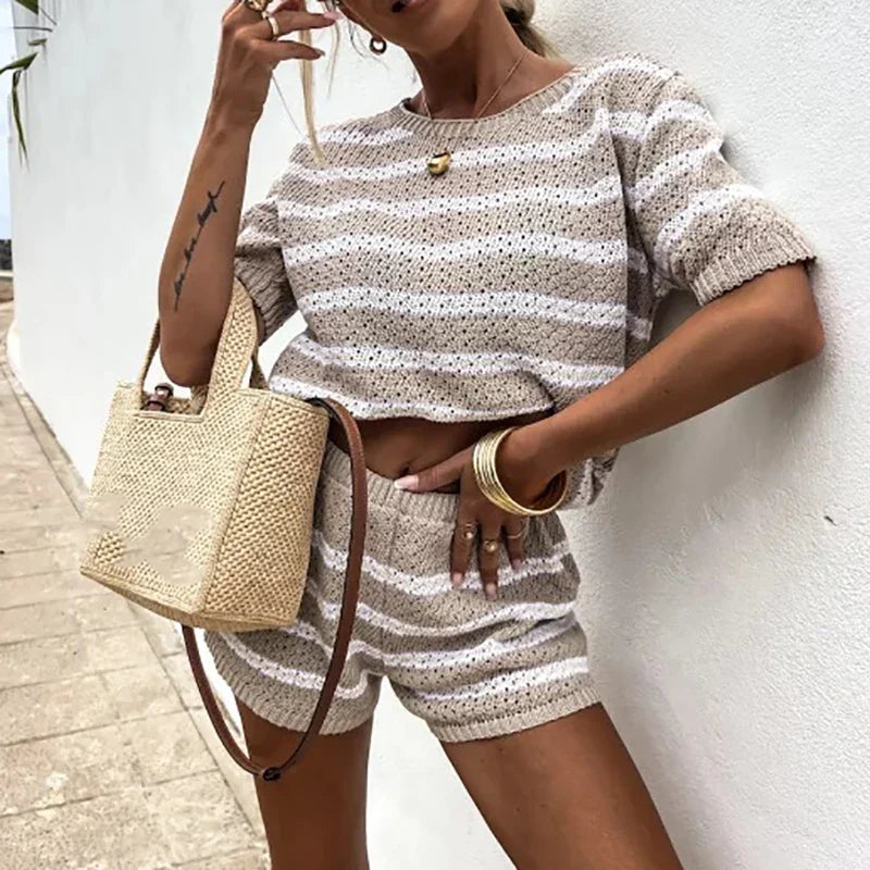 dingdamall  -  New 2024 Striped Knitted Two Piece Sets Summer Women's O-neck Top with Shorts Suit Fashion Color Blocking Slim Fit Beach Outfits