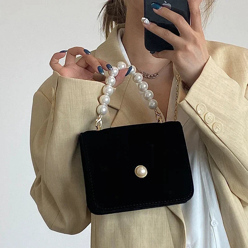 Vintage Small Square Shoulder Bag for Women Pearl Chain Ladies Tote Handbags Evening Clutch Purse Fashion Female Crossbody Bags