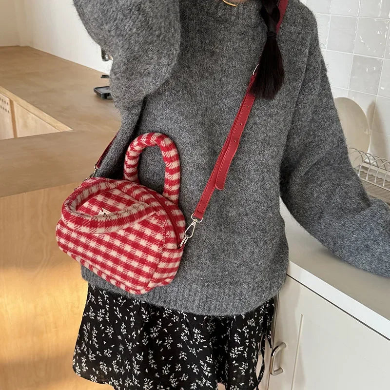 Vintage Cute Handbag for Women Red Plaid Letter Soft Kawaii Crossbody Bag Autumn Winter New Luxury Designers Shoulder Bag