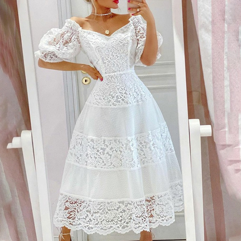 White Floral Print Dress Women Summer Elegant Puff Sleeve Slash Neck Dress Lace Stitching Slim Party Prom Wedding Long Dresses