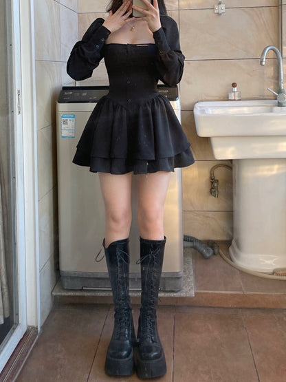 Black Vintage 3 Piece Skirt Set Women Sexy Lolita Y2k Mini Skirt Suit Female Casual Korean Fashion Long Sleeve Retro Set