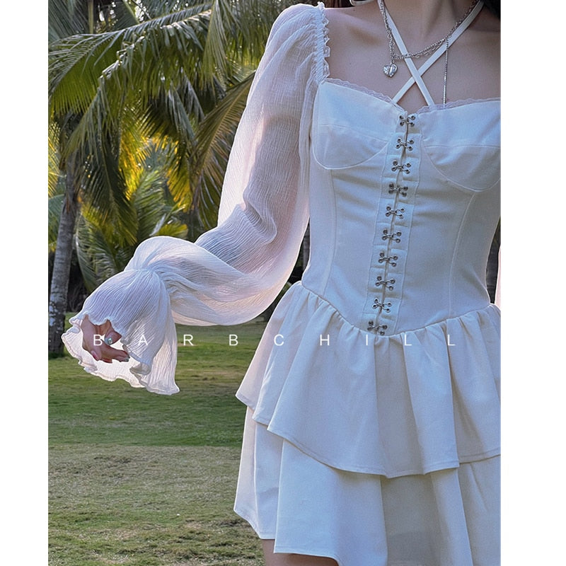 White Women's Dress Short Skirt French Vintage Long Short Sleeve Summer Ladies Chic Design Ruffle Skirt Halterneck Dresses